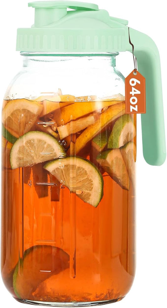 Mihlapi Glass Pitcher with Lid, 64 OZ Mason Jar Pitcher Double Leak Proof, 2 Quart Breast Milk Storage Containers for Fridge, Wide Mouth Glass Jar for Sun Tea, Juice, Cold Brew Coffee