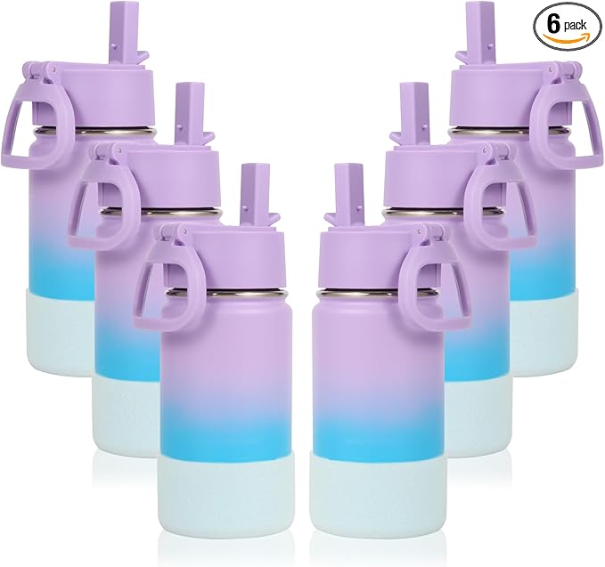 Volhoply 14oz KIds Water Bottle with Straw Lid and Silicone Boot Bulk 6 Pack,Stainless Steel Insulated Cups for Boys & Girls Multipack,Double Wall Vacuum Leakproof Bottles(Lavender Blue,6)