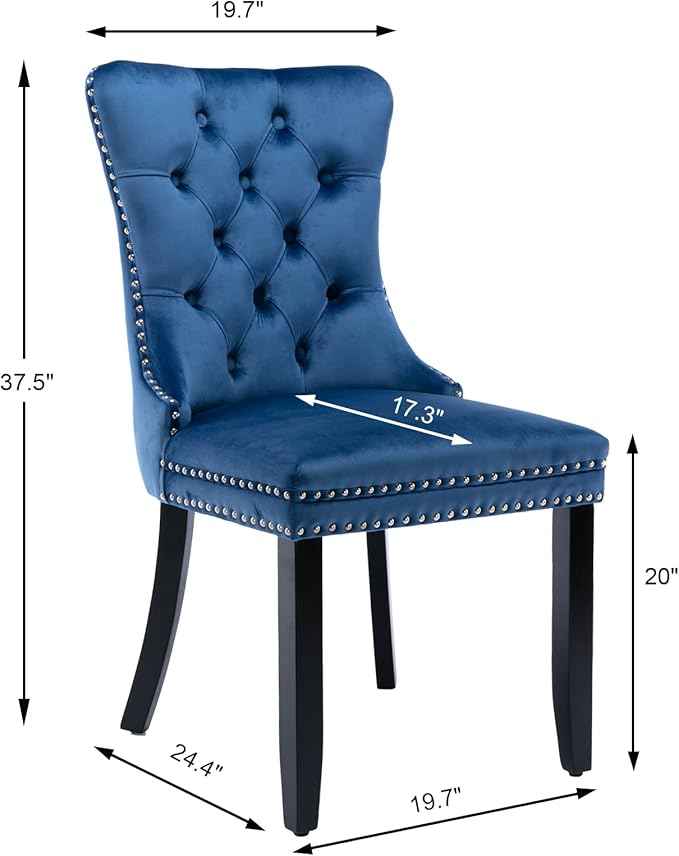 Upholstered Dining Chairs Set of 4, Velvet Dining Room Chairs with Back Ring Pull Trim and Solid Wood Legs, Tufted Wingback Kitchen Chair Perfect for Dining Room,Living Room,Kitchen(Blue)