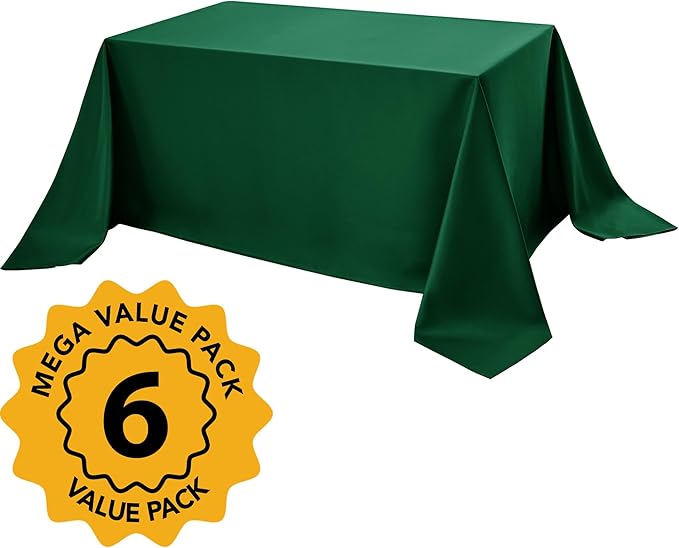 6-Pack Hunter Green Tablecloths for Rectangle Tables, 90 x 156 Inches, Stain-Resistant Polyester Fabric for 8 Foot Tables - Washable Table Covers for Weddings, Birthday Parties, Events