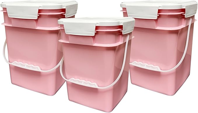 House Naturals 4 Gallon Square Food Grade Bucket Pail with Plastic Handles and Lid (Pack of 3) Made in USA containers (Pink - White lids)