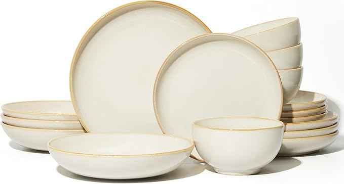 16 Piece Double Bowl Dinnerware Sets with Pasta Bowls, Highly Chip and Crack Resistant Plates and Bowls Sets, Natural Earthyware Ceramic Dishware Sets, Service for 4 Yellow White