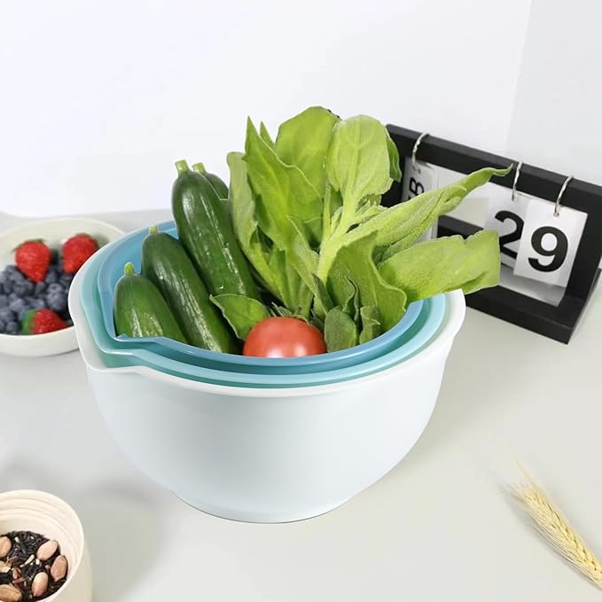 Set of 3 Mixing Bowls with Pour Spout-Nesting Design Saves Space - Non-Slip, BPA Free, Dishwasher Safe Plastic - Kitchen Cooking and Baking Supplies (Blue)
