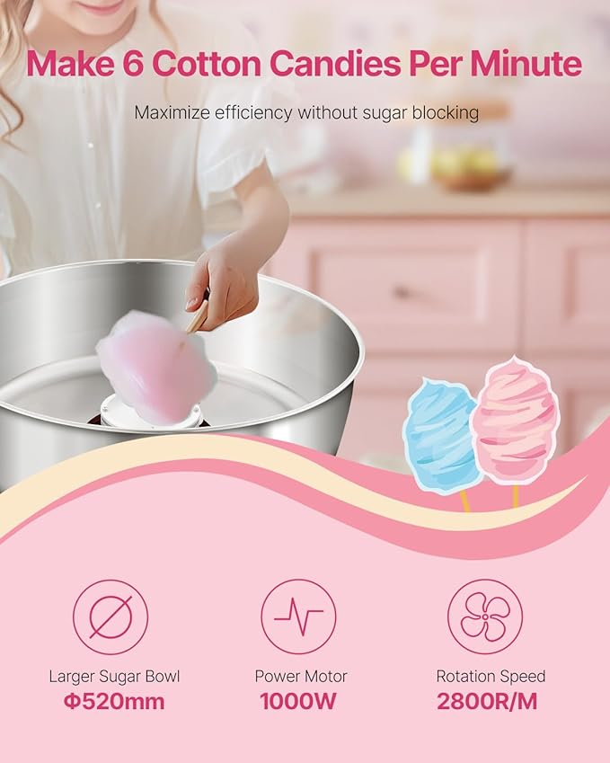 VEVOR Electric Cotton Candy Machine, 1000W Commercial Candy Floss Maker with 20.5 in Stainless Steel Bowl, Sugar Scoop, and Drawer, Easy Home Use, Perfect for Kids Birthday, Family Party, Red