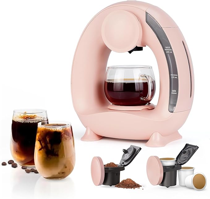 BENFUCHEN Pod and Grounds Single-Serve Coffee Maker, 2 in 1 One Cup Coffee Machine Compatible with K-Cup Pod & Coffee Grounds/Tea, Compact Design, 4-8oz, Pink