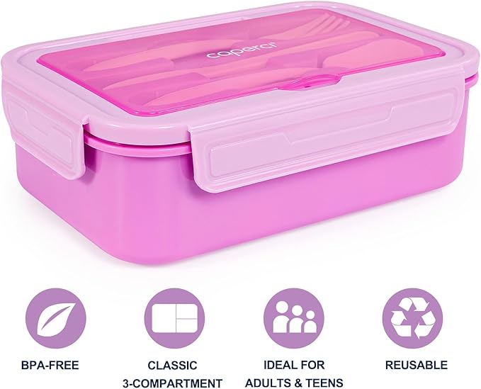 Caperci Classic Bento Lunch Box for Kids & Adults - Leakpoof 47oz Food Lunch Containers for Girls Women, 3-Compartment, Built-in Utensil Set, BPA-Free, Dishwasher/Microwave Safe (Vivid Orchid)