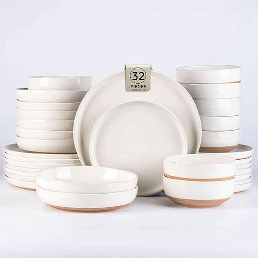AmorArc Ceramic Dinnerware Sets with Pasta Bowls for 8, Handpainted Plates and Bowls Set with Rustic Terracotta Underside, Scratch Resistant Dishes Set, Dishwasher & Microwave Safe, 32 Pcs