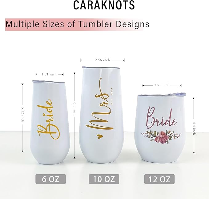 CARAKNOTS Bride Tumbler 12 oz - Insulated Stainless Steel Wine Tumbler with Lid and Straw - Bridal Shower, Engagement & Wedding Morning Gift, Keepsake for the Bride Futrue Mrs Cup