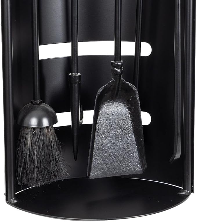 Modern Ember Noah 5 Piece Fireplace Tool Set in Black | Includes Brush, Shovel, Fire Poker, Tongs, and Stand | Heavy-Duty Steel | Heat-Resistant Powder Coating Finish | Natural Wood Handles