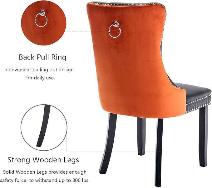 Dining Chairs Set of 4, Upholstered Dining Room Chairs with Back Ring Pull Trim and Solid Wooden Legs, Modern Tufted Kitchen Chairs Perfect for Dining Room, Black Pu Leather Splicing Orange Velvet