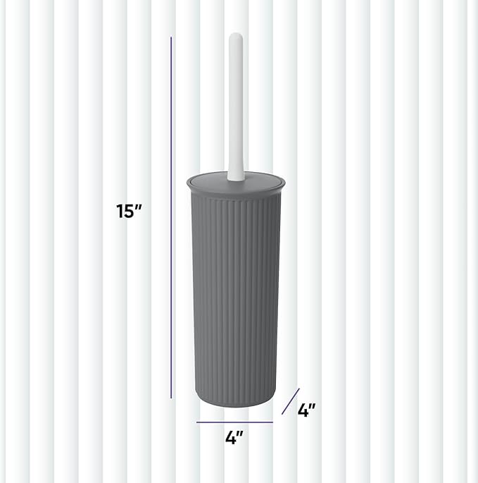Superio Ribbed Collection - Decorative Plastic Toilet Bowl Brush and Holder Set, Grey (1 Pack) Cleaner Scrubber for Bathroom