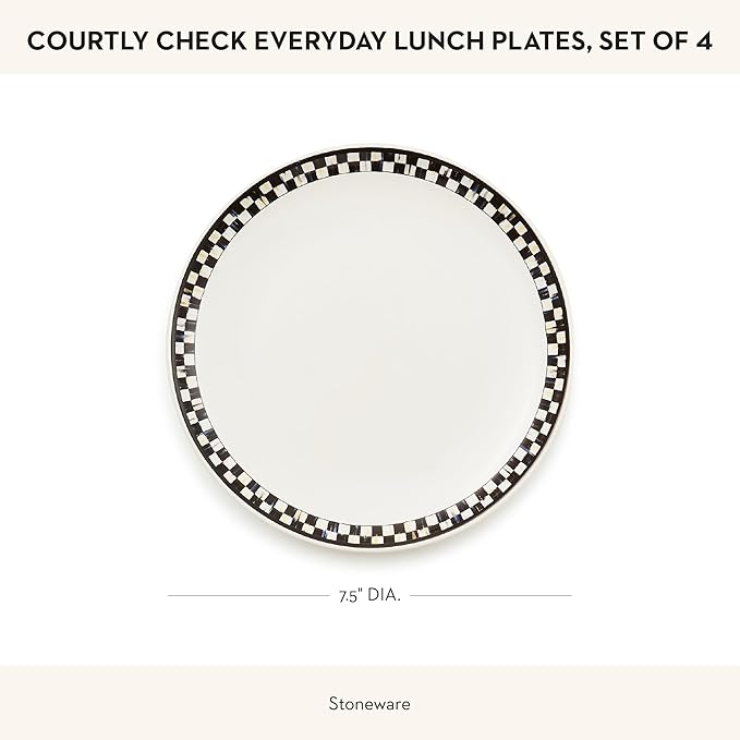 MACKENZIE-CHILDS Set of 4 Everyday Lunch Plates, Microwave-Safe and Dishwasher-Safe Stoneware Plates, Black-and-White Courtly Check