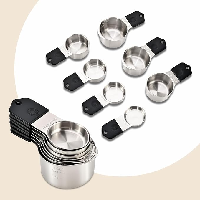 16-Piece Magnetic Measuring Cups and Spoons Set, Stainless Steel with Non-Slip Silicone Handles and Leveler, Essential Kitchen Baking Tools (Black)