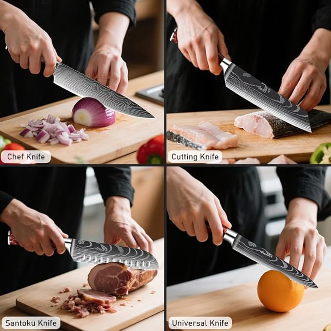 10-Piece Premium Japanese Kitchen Knife Set - Imperial Collection, Laser Damascus Pattern, 440A Stainless Steel Ultra Sharp for Fast Cutting (Green)