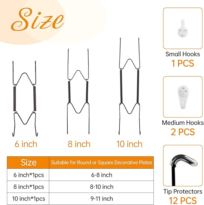 Bilillo 3-Piece Stainless Steel Wall Plate Hangers, 6/8/10 Inch Invisible Decorative Wire Plate Holders with 3 Pieces Wall Hooks for 5.5 to 10.5 Inch (Black)