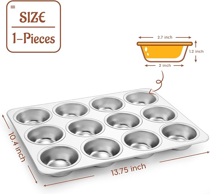 P&P CHEF Muffin Pan Cupcake Baking Pan Set, Stainless Steel Muffin Tin Tray for Mini Cake Tart Quiche, Oven & Dishwasher Safe, Non-toxic & Heavy-duty, (12 Cup, 1Pc)