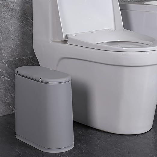 Sooyee 10 Liter Rectangular Slim Plastic Trash Can Wastebasket with Press Type Lid, 2.4 Gallon Garbage Container Bin for Bathroom, Powder Room, Bedroom, Kitchen, Craft Room, Office, Gray