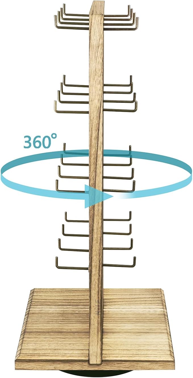 Ikee Design Wooden Rotating Two-Sided Jewelry Display Stand, Rotating Organizer with 32 Long Hooks for Store, Keychain Earring Display, Oak Color, 9.1W x 7.5 D x 17.1 H in