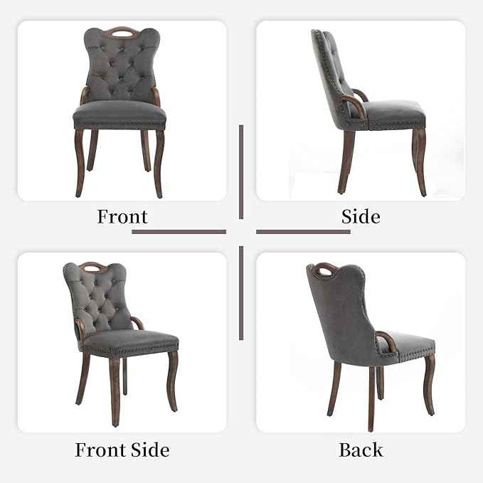 Grey Velvet Dining Chairs Set of 2，Modern Upholstered Dining Room Chairs with Tufted Back and Wood Handles, Curved Solid Wood Legs, Sillas de Comedor