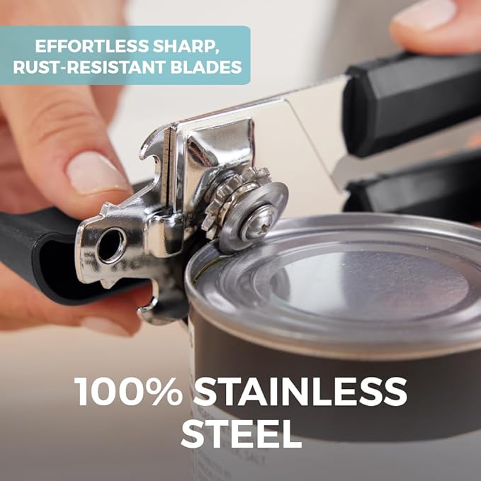 Kitchen Genie Slip Resistant Stainless Steel Manual Can Opener, Sharp Blade for Smooth Edge Cuts, Easily Open Cans, Ergonomic Handles with Easy to Turn Knob, Built-In Bottle Openers, Pitch Black