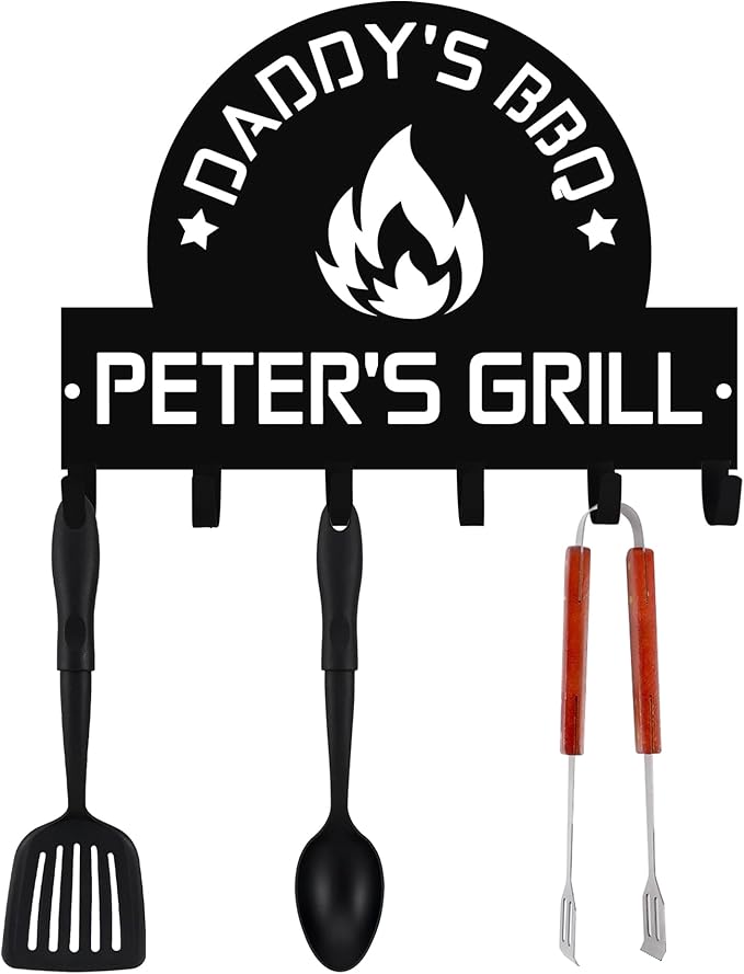 Generic Personalized BBQ Cooking Utensils Wall Hooks Rack for Dad Custom Grilling Tool Organizer Barbecue Tool Metal Storage Holders Grill Cutlery Hanger Father's Day Utensils Hanging Hooks (Style 2)