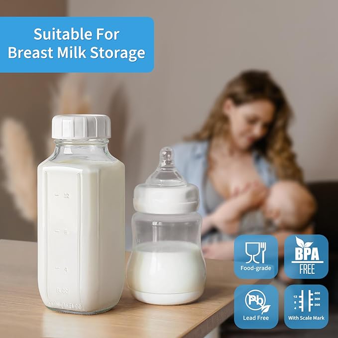 8 Pack 16 Oz Reusable Glass Milk Bottles w 100% Airtight Heavy Duty SCREW Lid & 2 Pour Spouts - Glass Juice Bottles w Capacity Mark - Beverage Drinking Jar Juice Container Breast Milk(Extra 2 Lids)
