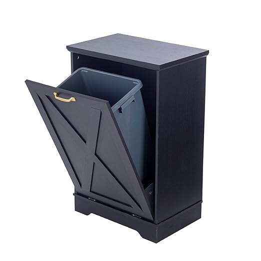 13 Gallons Tilt Out Trash Cabinet, Hidden Trash Can Cabinet Wooden Tilt Out Pet Proof Hidden Trash Bin Cabinet for Kitchen (Black)