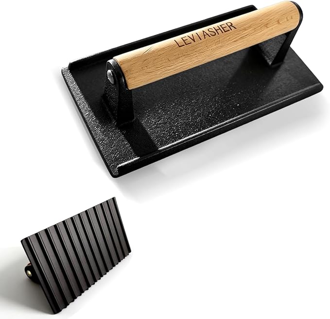 2.2lbs Heavy-Duty Cast Iron BBQ Grill Press for Bacon Burger Sandwich Steak Meat Paninis Vegetable, Griddle Food Press for Weber Blackstone Chef Pitboss Cooking, Rectangular Wood Handle