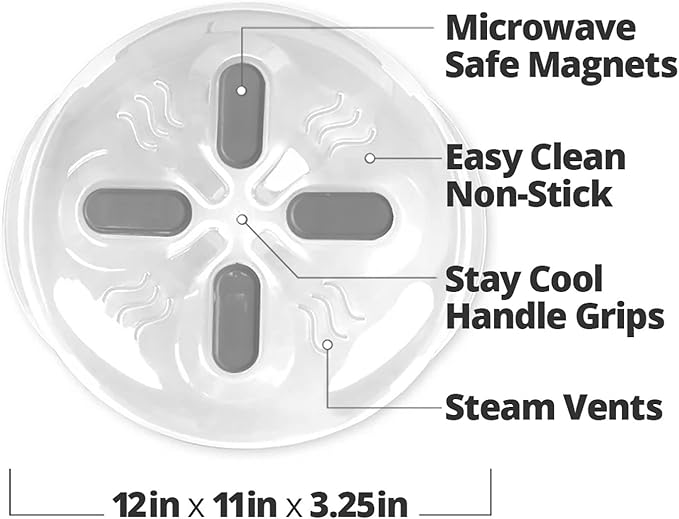 HOVER COVER Magnetic Splatter Cover, 12-Inch Clear BPA-Free Food Lid, Vented Plate Guard with Steam Vents, Anti-Splash Microwave Lid - Heather Gray