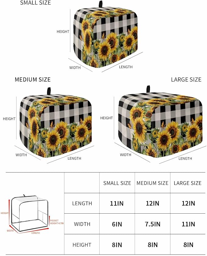 Sunflower Checkered Toaster Cover 2 Slice, Black Buffalo Plaid Dustproof Bakeware Oven Protector with Top Hook, Pastoral Flowers Waterproof Small Kitchen Appliance Toasters Dust Cover, 12"x7.5"x8"