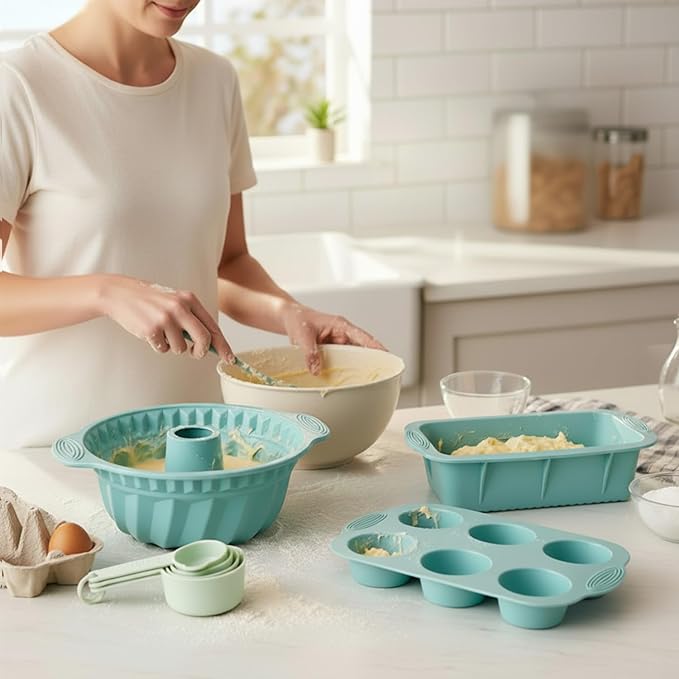 25 PCS Silicone Baking Pans Set, Nonstick Bakeware Sets with Round/Square Cake Pans, Muffin Pan, Baking Cups and Spoons for Bread, Cupcakes and Desserts