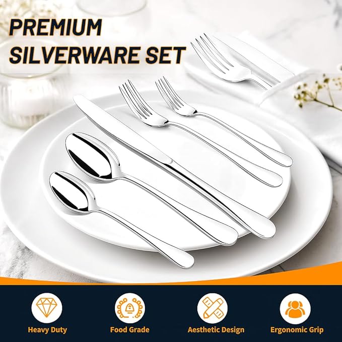 NICE KITCHEN 60 Piece Silverware Set for 12, Premium Stainless Steel Flatware Set, Eating Utensil Sets with Steak knives, Cutlery Tableware Service Include Fork Knife Spoon Set, Mirror Polished