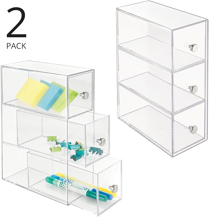 mDesign Plastic Stackable Desktop Organizer Tower Storage Station with 3 Drawers for Home Office - Holds Pens, Sticky Notes, Binder Clips, Notepads, or Gel Pens - Lumiere Collection - 2 Pack - Clear
