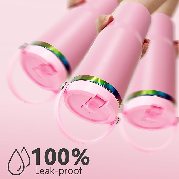 30 oz Tumbler Bulk with Handle and Straw, Vacuum Insulated Tumblers with Flip Straw and Top Handle, Leakproof Powder Coated Tumbler, Stainless Steel Travel Mug for Coffee Water (Pink, 8 Pack)