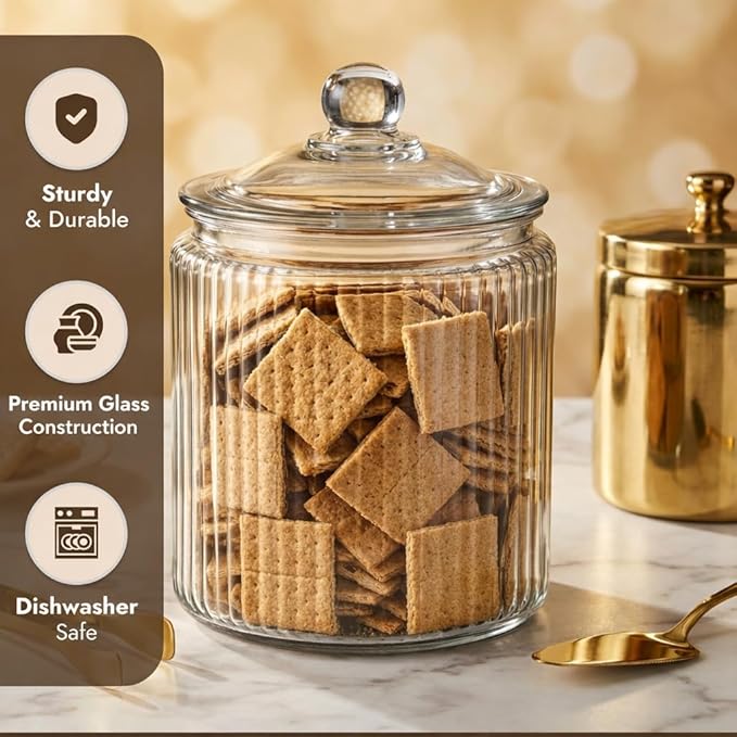 kitchentoolz 1 Gallon Ribbed Glass Cookie Jar - Large Food Storage Container with Airtight Lid - Keep Fresh Flour, Chewy Pet Treats, Candy, Dried Foods - Pack of 2