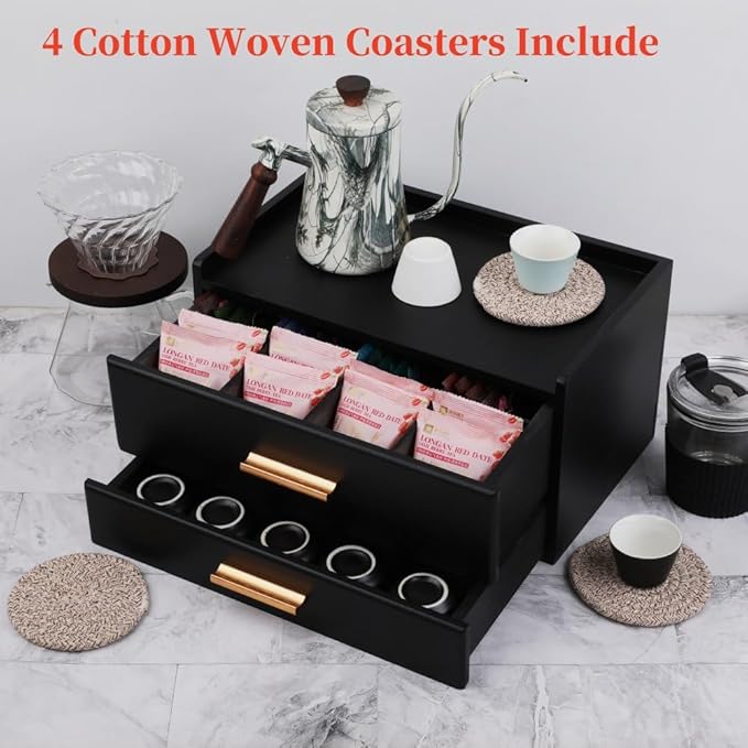 Tea Organizers and Storage Box with Drawer Tea Station organizer for Countertop with 8 Compartments Pine Wood Tea Bag Organizer with Drawer Teabag Holder with 4 Cotton Woven Coasters（Black02）