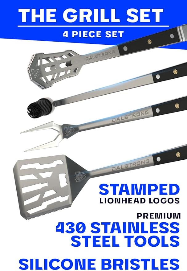 DALSTRONG 4-Piece Professional BBQ Pitmaster Grill Set - Premium High-Carbon Stainless Steel Grilling - 18 inch Length - Silicone Brush, Spatula, Tongs, Fork - G10 Handles