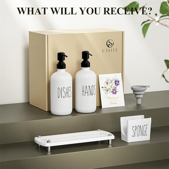 Cisily Kitchen Soap Dispenser Set Comes with Ceramics Sponge Holder, Gold Pumps, and Instant Dry Tray, Hand and Dish Soap Dispenser Set (4, Black + White + Sponge Holder)