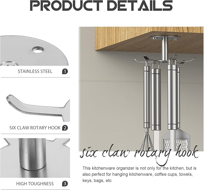 SUPVOX Rotatable 6-Prong Kitchen Utensil Hooks Stainless Steel 304 Under Cabinet Hanging Holder Heavy Duty Hanging Utensil Organizer for Kitchen Storage
