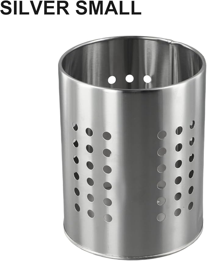 FABULETTA Stainless Steel Utensil Holder for Kitchen Countertop, Cutlery Drainer Rack with Drain Hole, Rust-Resistant Vertical Organizer Stand for Spoons and(Silver Small)