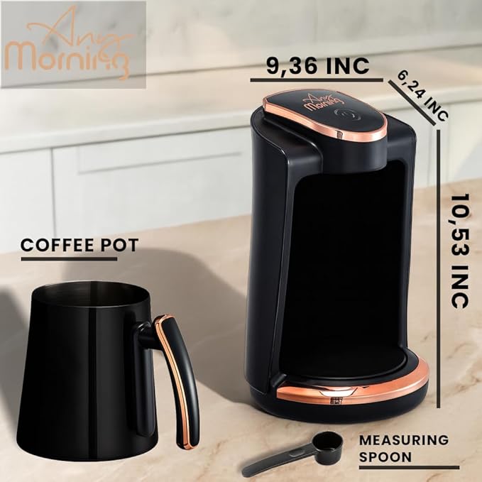 Any Morning Turkish & Greek Coffee Maker-Machine, 1 to 4 Cups Capacity, 100% BPA Free, 400W Electric Coffee Pot with Cook Sense Technology, Anti-Spill Design, Authentic Foamy Brew, Black