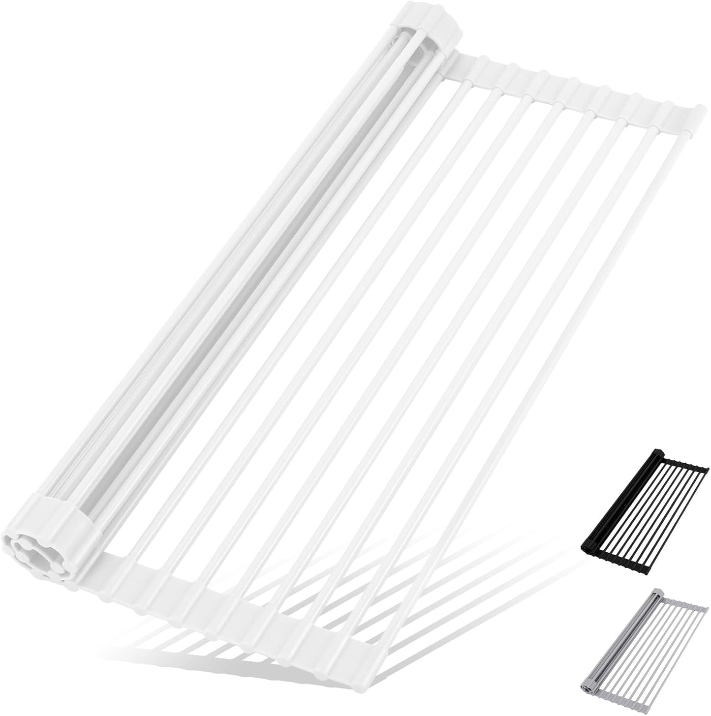 Roll Up Dish Drying Rack Over The Sink Kitchen Roll Up Sink Drying Rack Multipurpose Foldable Sink Drying Mat, Heat-Resistant, Anti-Slip & Anti-Rust Dish Rack for Kitchen, 20.5" x 13", White