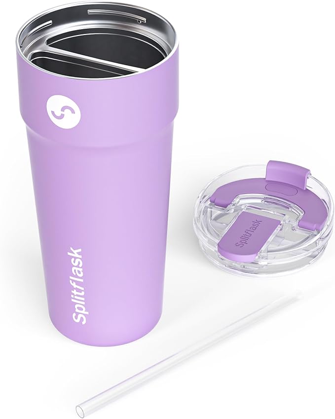Splitflask 2-in-1 Dual Chamber Tumbler 30oz Hot & Cold Insulated Cup with Straw & Sip Lid, Leak Resistant Stainless Steel Travel Mug for Coffee, Water, Moms, Gym, Work, Car Cup Holder BPA-Free