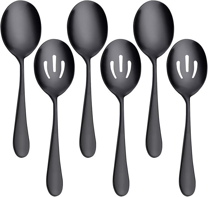 AOOSY 8.7Inch Matte Black Stainless Steel Serving Spoon Set, Serving Spoons x 3, Slotted Spoons x 3 Utility Advanced Buffet Utensils, Premium Skimmer & Perforated Design