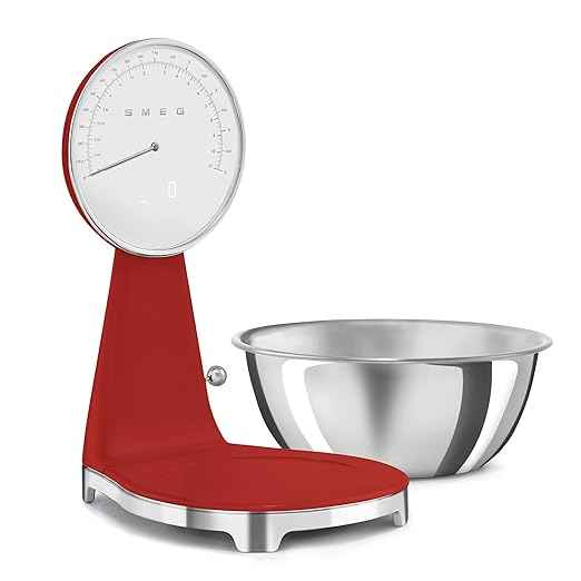 SMEG Retro-Style Analog & Digital Kitchen Scale, 11 lb Capacity, Rechargeable Battery, Backlit LCD Display, Stainless Steel Bowl (Red)