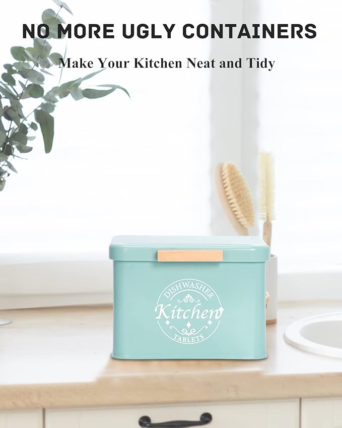 Dishwasher Pod Container with Hinged Lid. Farmhouse Metal Dishwaser Pods Holder for Kitchen Cabinet Organizer. Modern Kitchen Decor and Accessories. Dishwasher Detergent Tablet Storage (Green)
