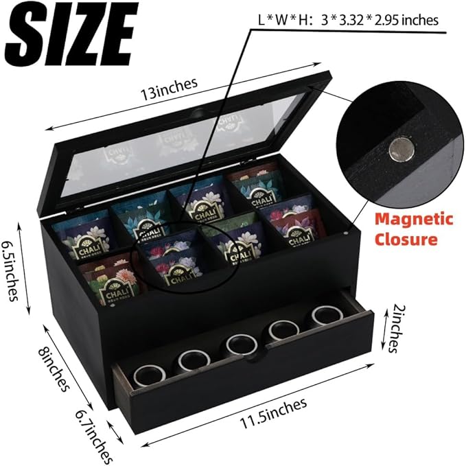 Tea Bag organizer Storage Box with Drawer Tea Organizers with Clear Acrylic Window Wooden Tea Box for Countertop with 8 Compartments Teabag Holder with 4 Cotton Woven Coasters（WBlack02）