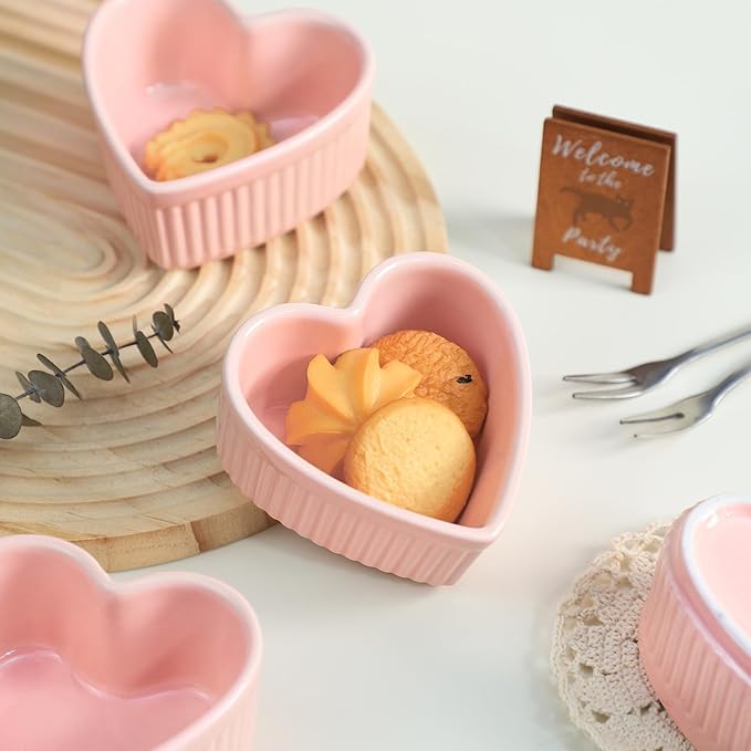 Sizikato Heart-Shaped Porcelain Souffle Dishes, Ramekins - 3.5 Inches for Souffle, Creme Brulee and Dipping Sauces - Set of 4