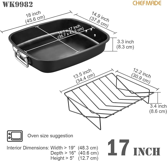 CHEFMADE Roasting Pan, 17-Inch Non-Stick Turkey Roaster Lasagna Pan with V Rack - Rectangular Deep Dish Chicken Roaster-BBQ Pan for Turkey 14.1" x 17.1" x 3.3"(Black)