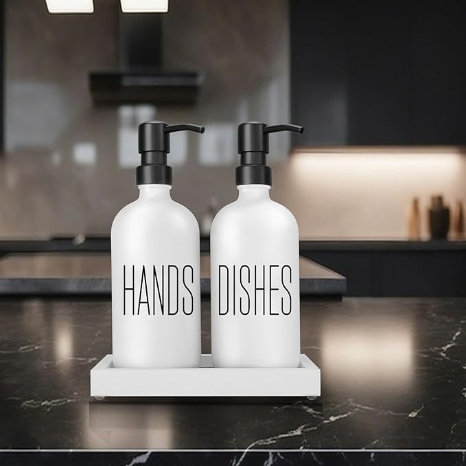 White Glass Hand Soap Dispenser and Dish Soap Dispenser for Kitchen| Kitchen Soap Dispenser Set |Black Soap Pumps Dispenser Set| Perfect for Luxury Kitchen Counter Décor